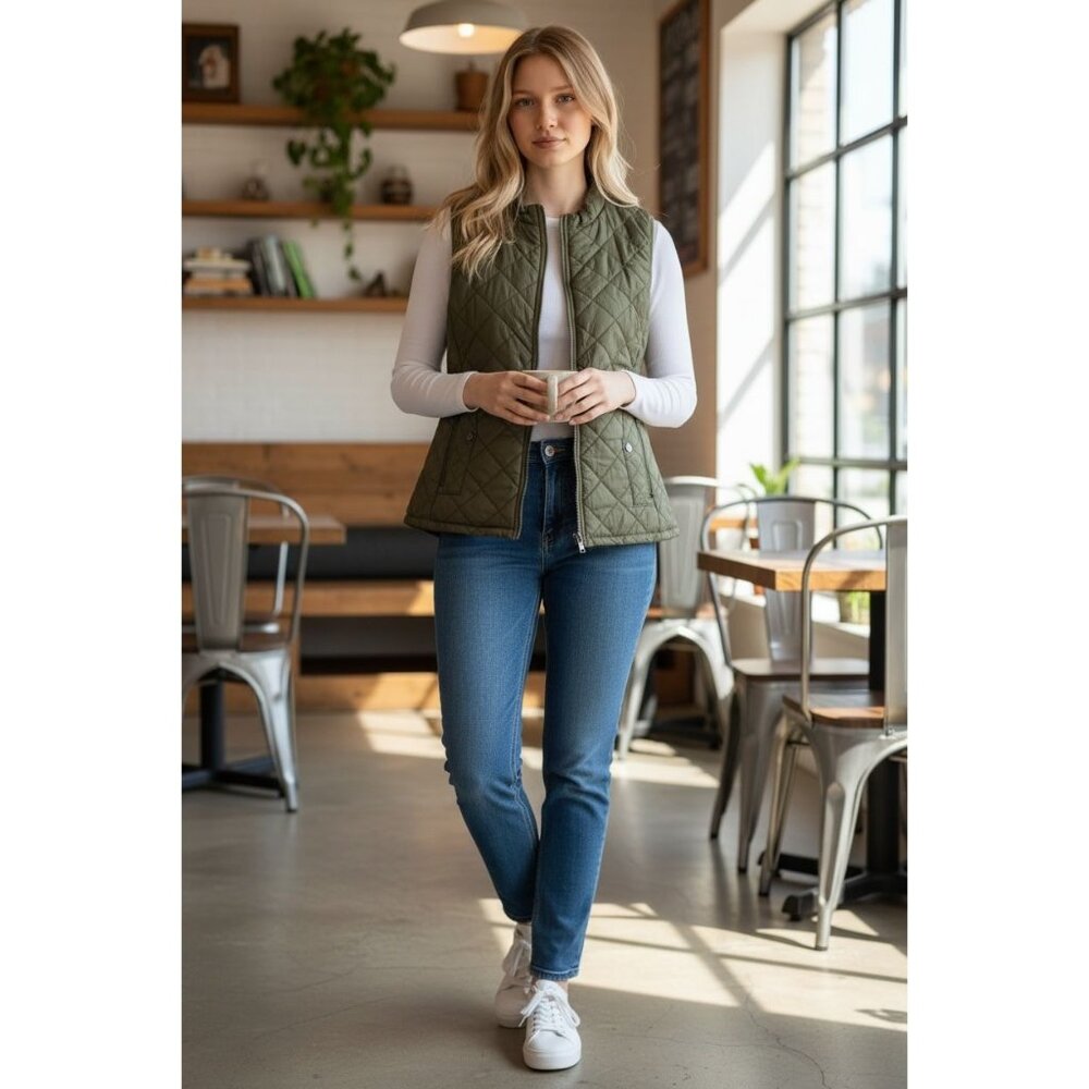 NEW Fuinloth Womens Green Quilted Zip-Up Vest M Lightweight Sleeveless Jacket